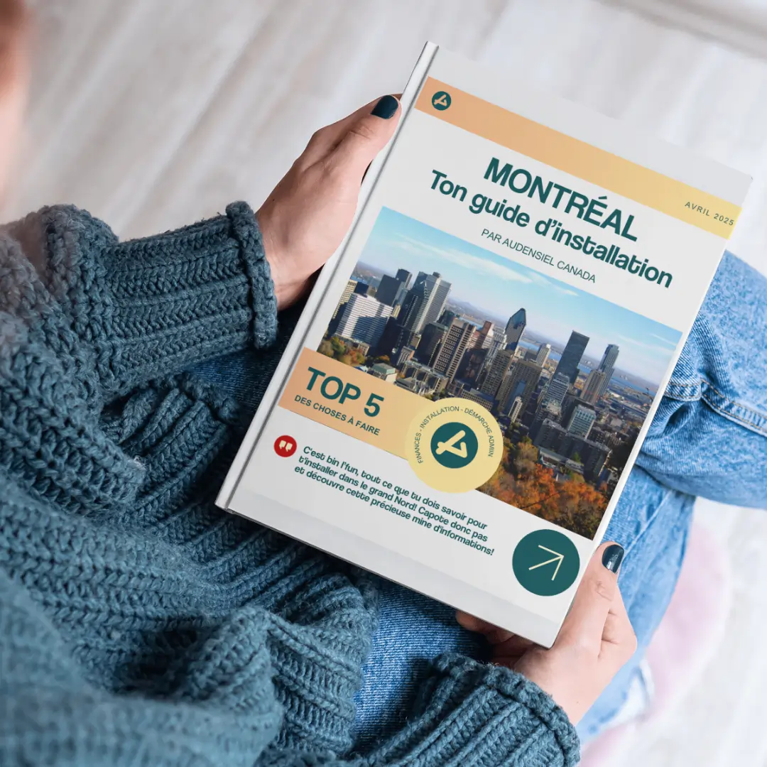 Lead Magnet #2 Personne tenant le magazine "Montréal : ton guide d'installation par Audensiel Canada"