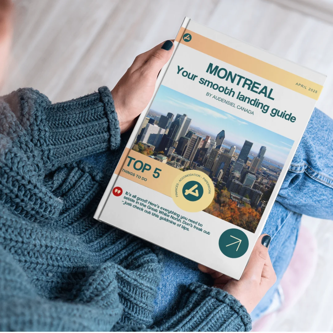Lead Magnet EN A woman holding a booklet "Montreal: your smooth landing guide"